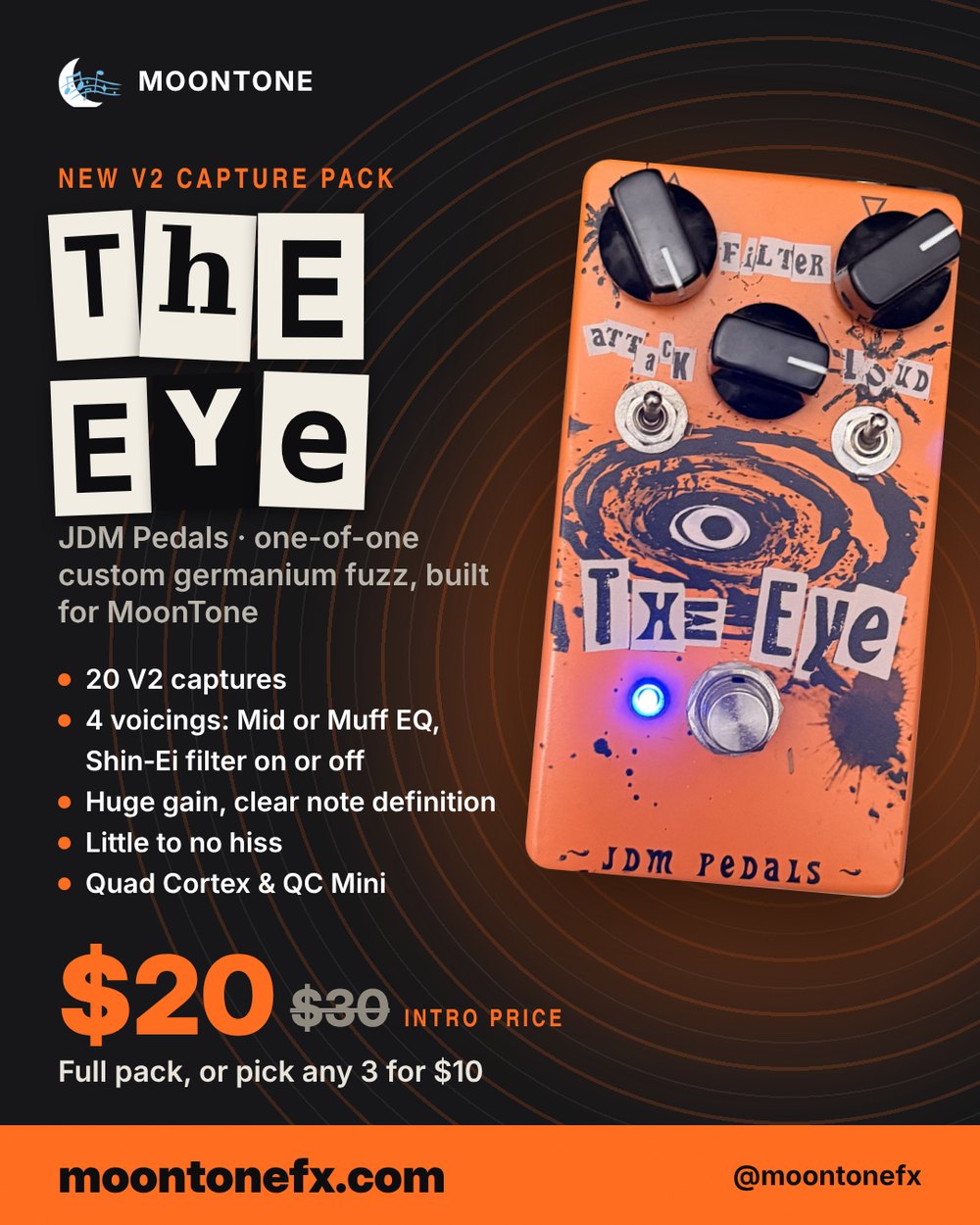 JDM Pedals ThE EYe V2 capture pack: one-of-one germanium fuzz, 20 captures, $20 intro price