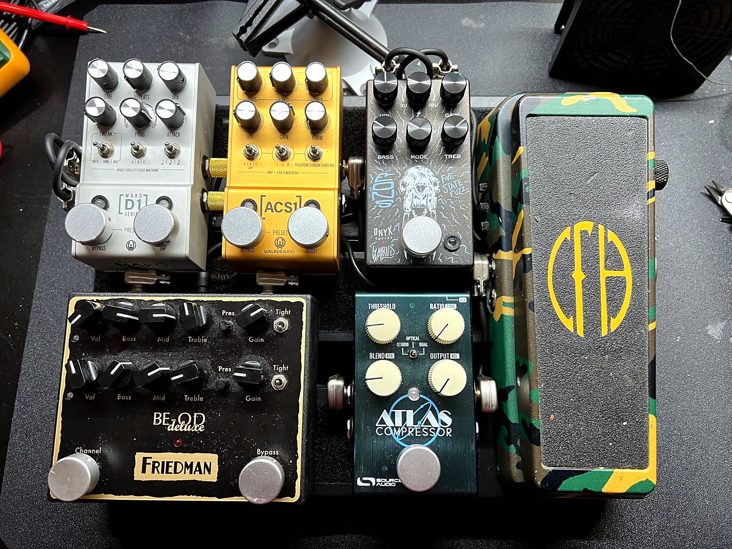 Pedalboard with Mako D1, Walrus ACS1, Friedman BE-OD Deluxe, Atlas compressor and camo wah
