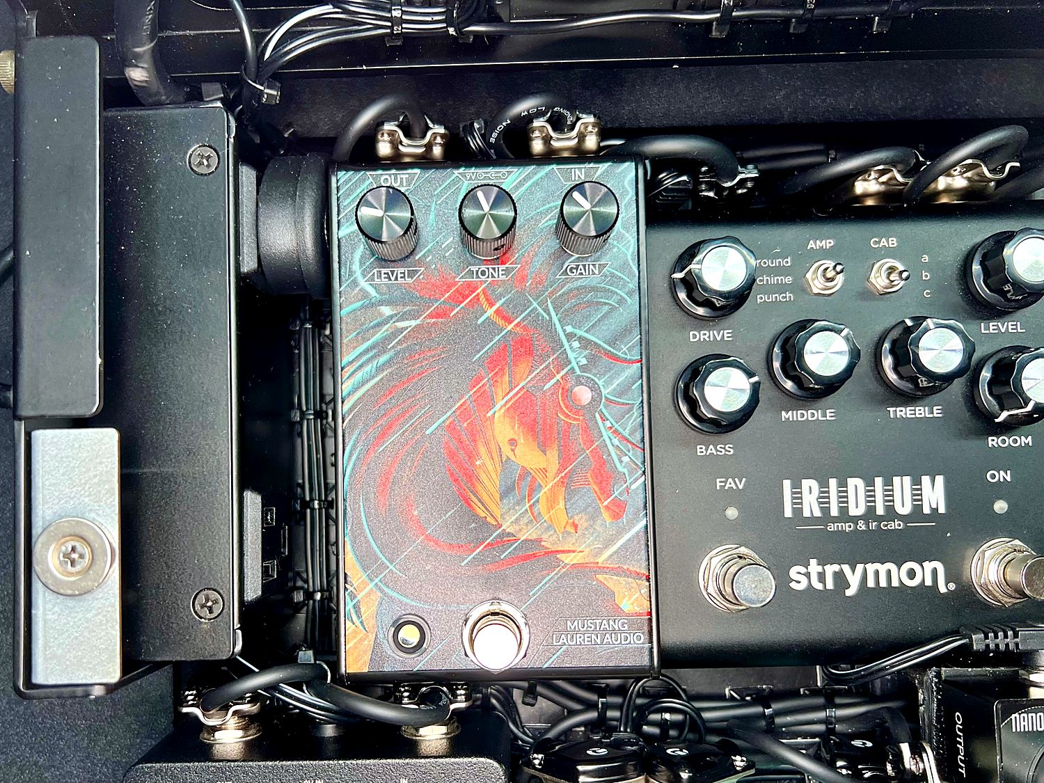 Close-up of the Mustang pedal and Strymon Iridium